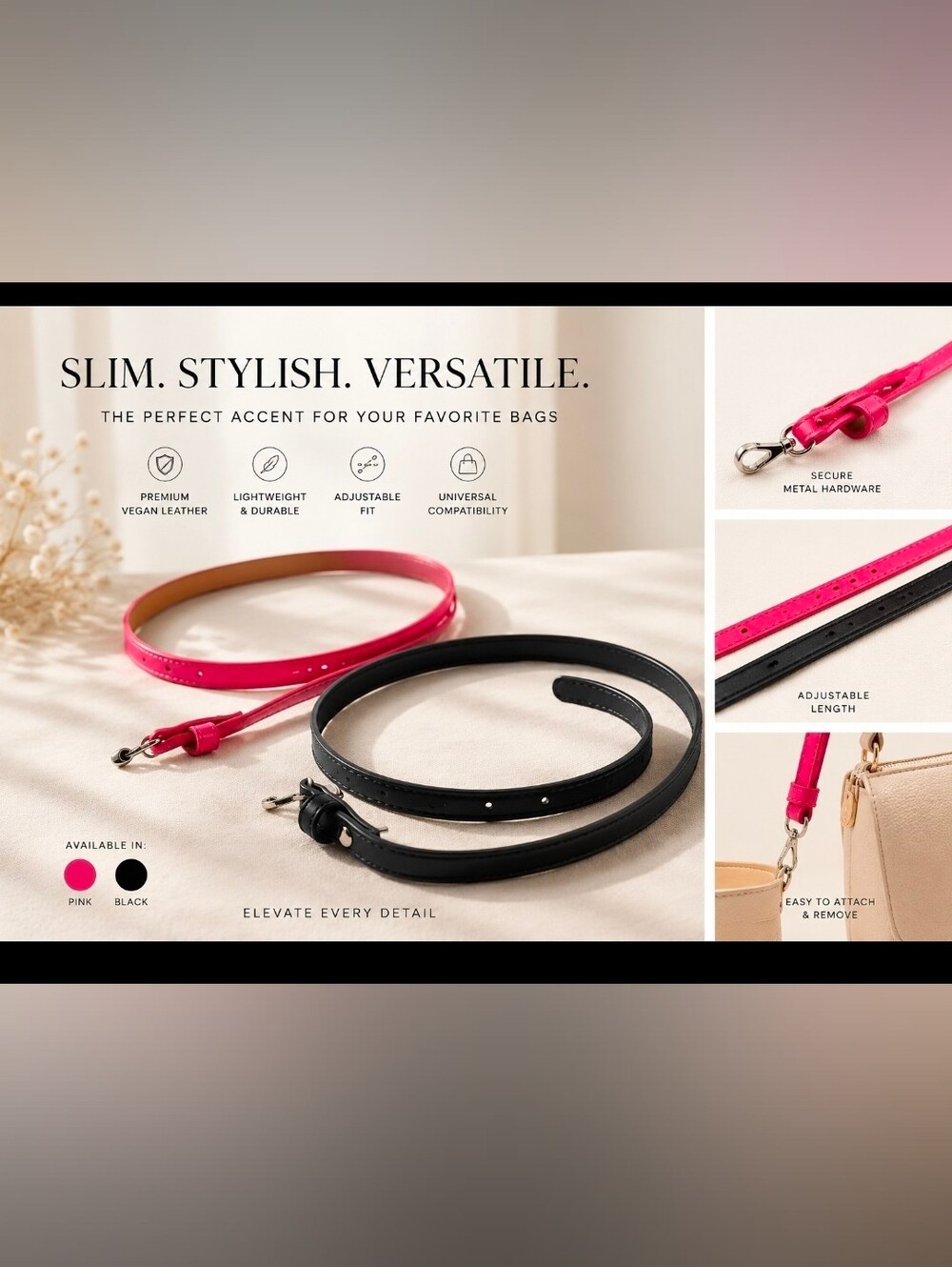2 Skinny Belts Black& Hot Pink adjustable straps, small metal buckle closures,